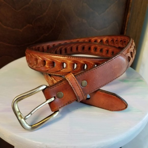 Brown Leather Woven Braided Belt, Men's Size 42, Unisex - Picture 2 of 6